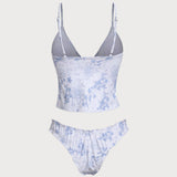 Set tankini cu flori albastre, cu legare în față