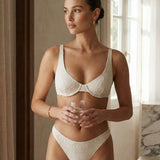 Set de bikini cu sârmă subțire, jacquard bej