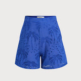 Shorts din Bumbac cu Broderie Albastră