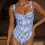 Costum de baie cu sârmă subțire, în carouri albastre