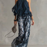Ludovica - Set de chiffon compus dintr-un top cu guler înalt și pantaloni largi cu imprimeu