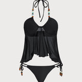 Set Tankini Negru cu Guler Halter și Talie Joasă