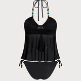 Set Tankini Negru cu Guler Halter și Talie Joasă
