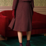 Fustă Tweed Burgundy cu Talie Înaltă