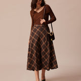 Fusta Midi A-Line Caro Brown cu Talie Elastică