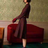 Fustă Tweed Burgundy cu Talie Înaltă
