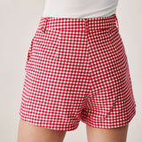 Shorts cu talie înaltă, cu carouri roșii