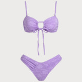 Set de bikini bandeau texturat cu flori mov