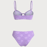 Set de bikini bandeau texturat cu flori mov