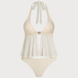 Set Tankini Halter cu Talie Joasă Albă