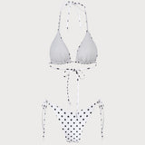Set de bikini triunghiular cu buline albe, cu gât halter