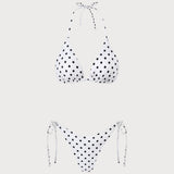 Set de bikini triunghiular cu buline albe, cu gât halter