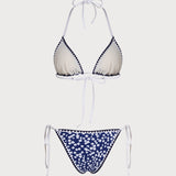Set de bikini triunghiular floral albastru cu guler