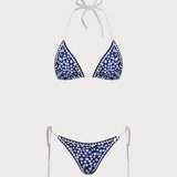 Set de bikini triunghiular floral albastru cu guler