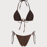 Set de bikini texturat în formă de triunghi cu gâtul halter, maro