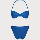 Costum de baie albastru cu bretele și cupe pliate