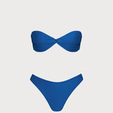 Costum de baie albastru cu bretele și cupe pliate