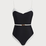 Costum de baie întreg cu decolteu în V și contrast