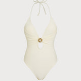 Costum de baie întreg Off White cu bretele halter