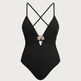 Costum de baie negru cu decupaje, tip triunghi