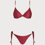 Set de bikini cu siret și decolteu în V, roșu