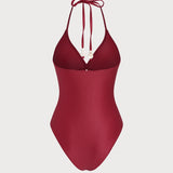 Costum de baie roșu cu bretele halter