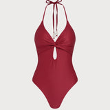 Costum de baie roșu cu bretele halter