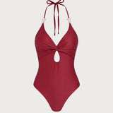 Costum de baie roșu cu bretele halter