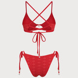 Set de bikini texturat cu guler în formă de U roșu