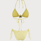 Costum de baie texturat floral galben cu halter