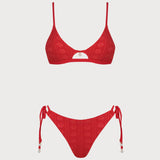 Set de bikini texturat cu guler în formă de U roșu