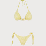 Costum de baie texturat floral galben cu halter