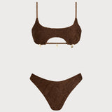 Set bikini bandeau texturat cu decolteu pătrat, culoare cafea