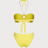 Set Bikini Bandeau Jacquard Galben cu Halter