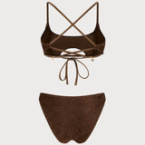 Set bikini bandeau texturat cu decolteu pătrat, culoare cafea