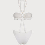 Set Bikini Bandeau Jacquard Alb cu Halter