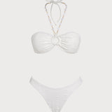Set Bikini Bandeau Jacquard Alb cu Halter