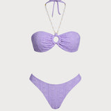Set de bikini bandeau cu inel O purpuriu