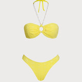 Set Bikini Bandeau Jacquard Galben cu Halter