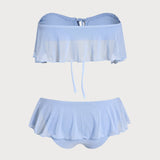 Set de bikini bandeau cu volane din plasă albastră