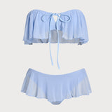 Set de bikini bandeau cu volane din plasă albastră