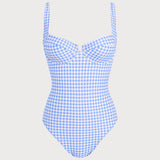 Costum de baie cu sârmă subțire, în carouri albastre