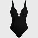 Costum de baie negru cu decolteu în V și tăieturi