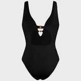 Costum de baie negru cu decolteu în V și tăieturi