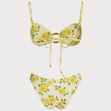 Set bikini bralette floral cu O-ring galben deschis