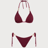 Set de bikini reversibil cu siret în gât de cărămidă roșie