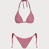Set de bikini reversibil cu siret în gât de cărămidă roșie