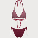 Set de bikini reversibil cu siret în gât de cărămidă roșie