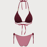 Set de bikini reversibil cu siret în gât de cărămidă roșie