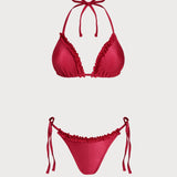 Set de bikini triunghiular cu volane roșu